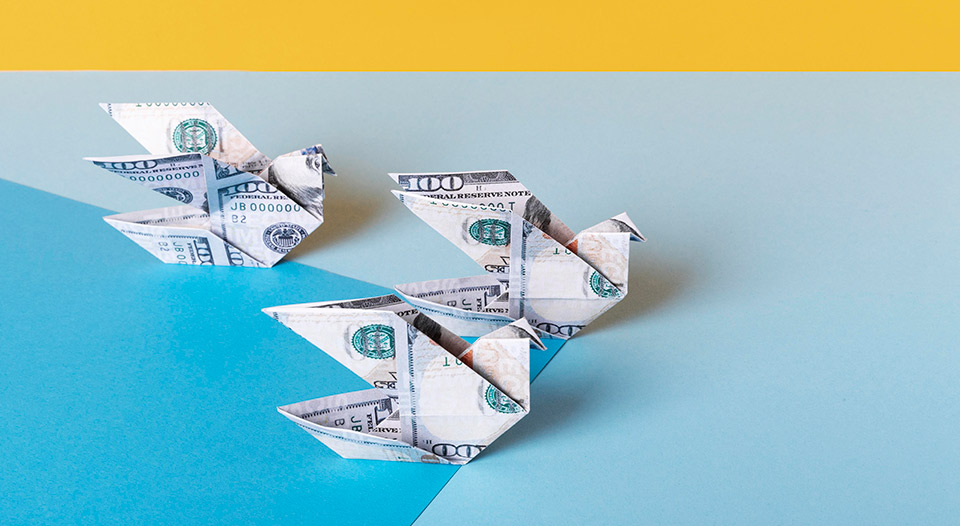 dollars in the shape of a bird. origami.