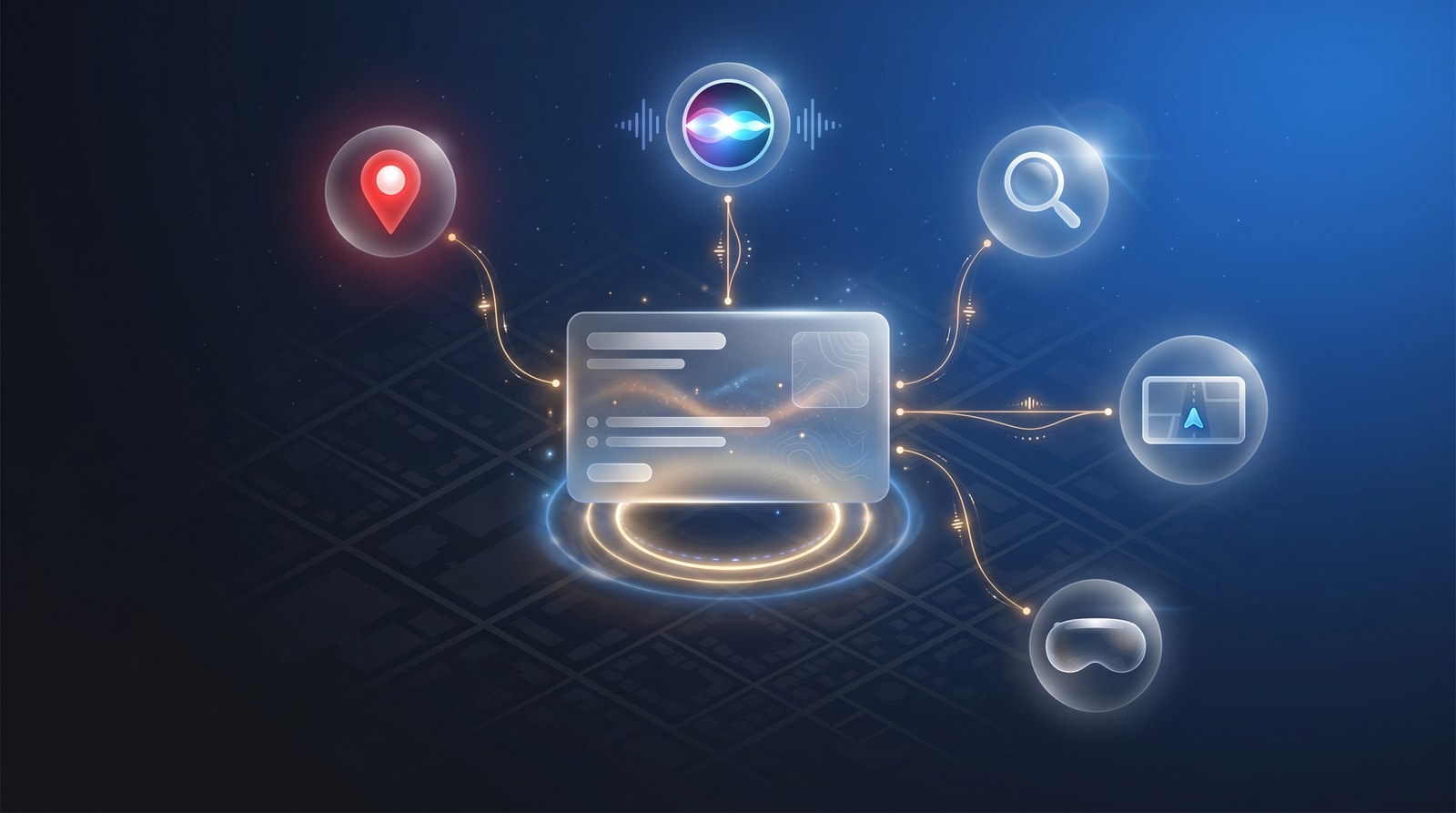 Diagram of the iOS local search surfaces — Apple Maps, Siri, Spotlight, CarPlay, and Vision Pro — all syncing data with a central Apple Business Connect place graph