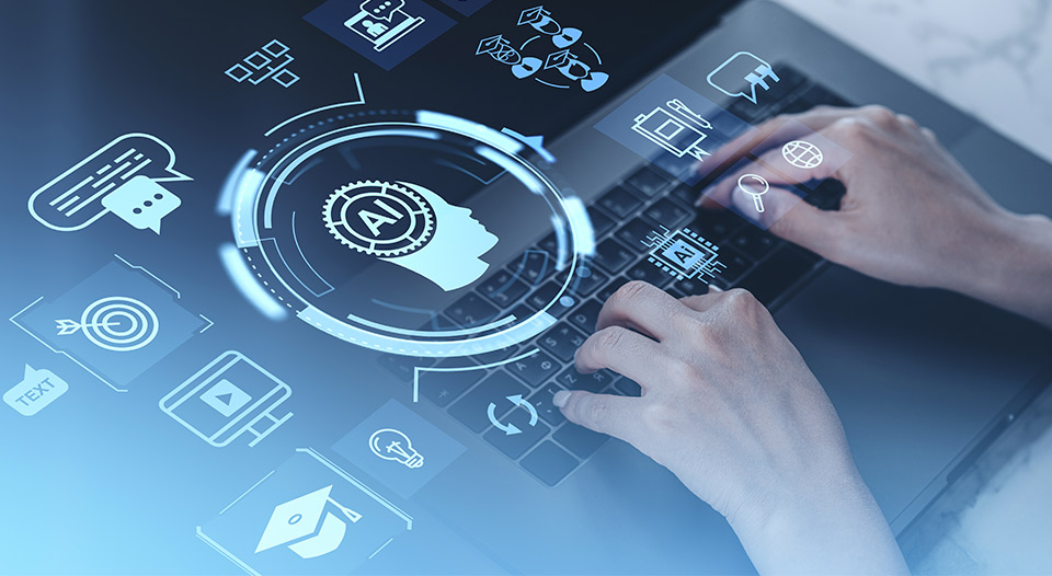 AI digital symbols. Person using ai