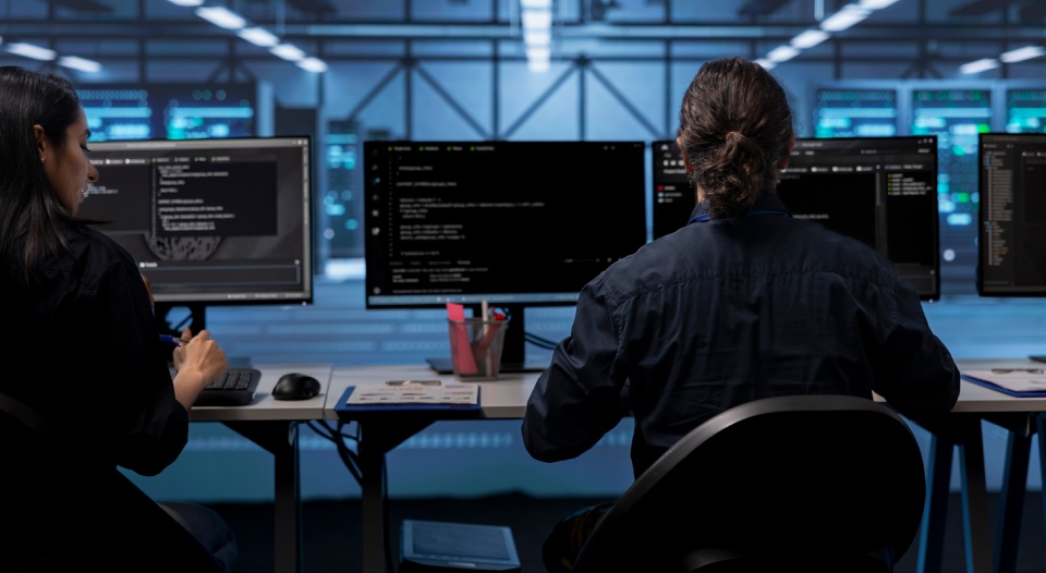 Computer operators in data center running system diagnostic tests to do repairments. IT specialists at PC desk in server room deploying error checking utilities to fix network issues