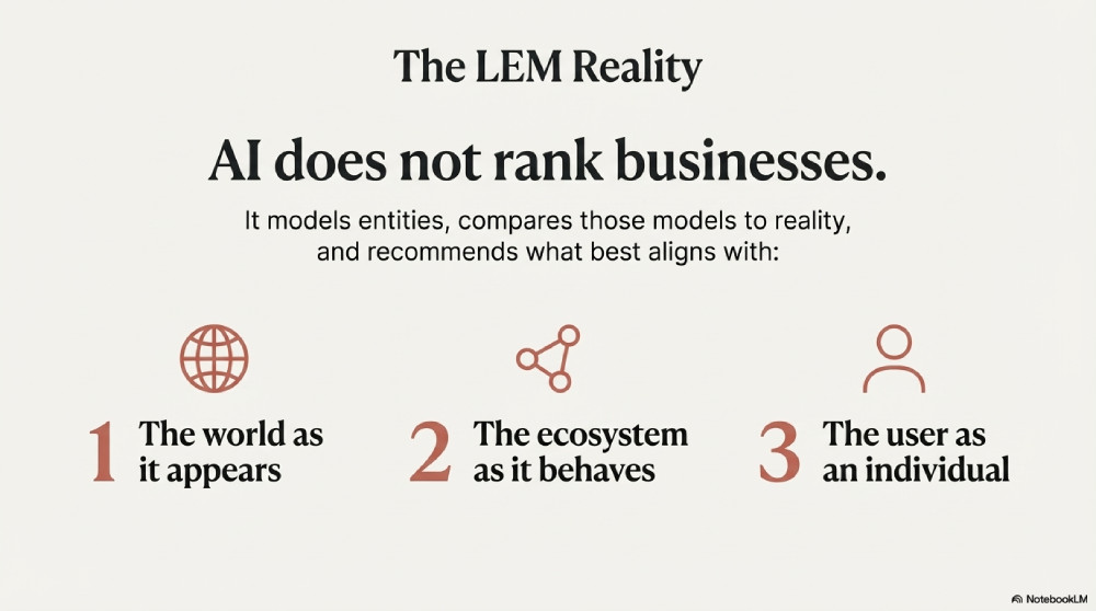 infographic titled 'The LEM Reality' summarizing that AI does not just rank businesses, but models them as real entities to recommend results that best align with physical-world behavior and individual user needs
