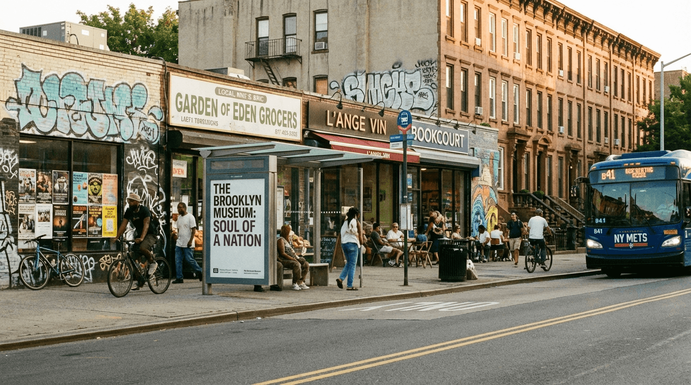 Brooklyn neighborhood street scene with local businesses and street-level advertising