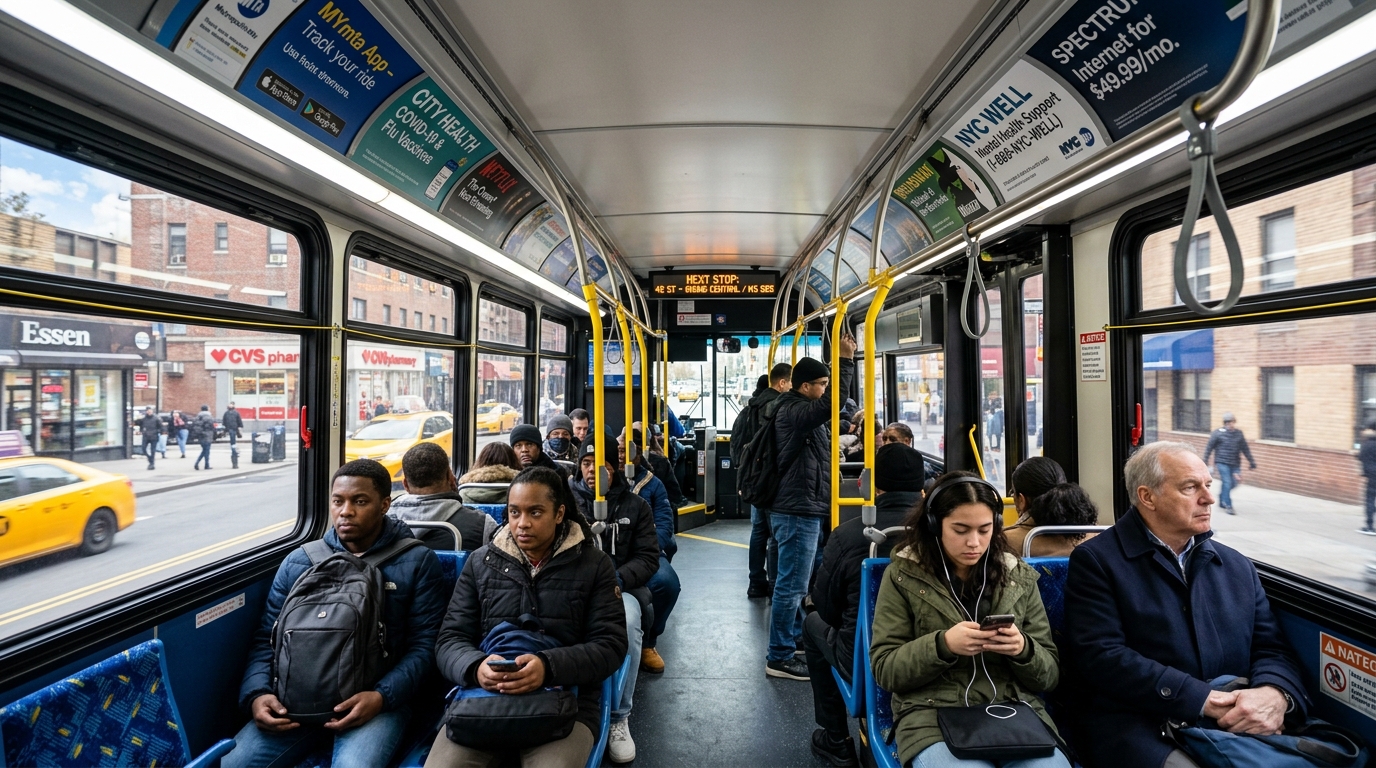 Inside a New York City MTA bus showing transit advertising panels
