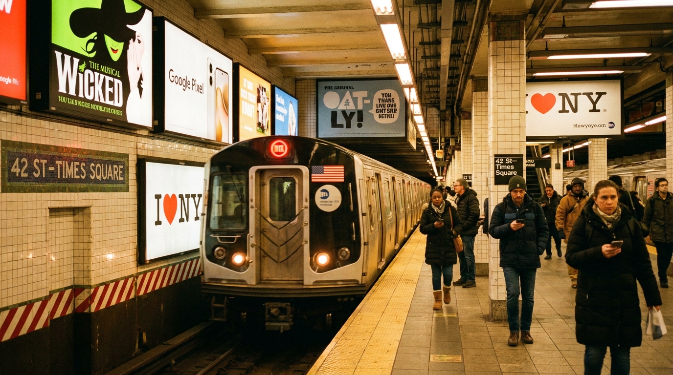 New York City MTA subway platform with advertising displays and commuters