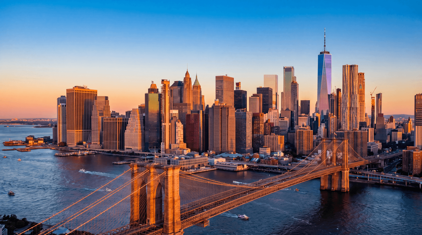 Aerial view of the New York City skyline at golden hour with Manhattan skyscrapers and the Brooklyn Bridge