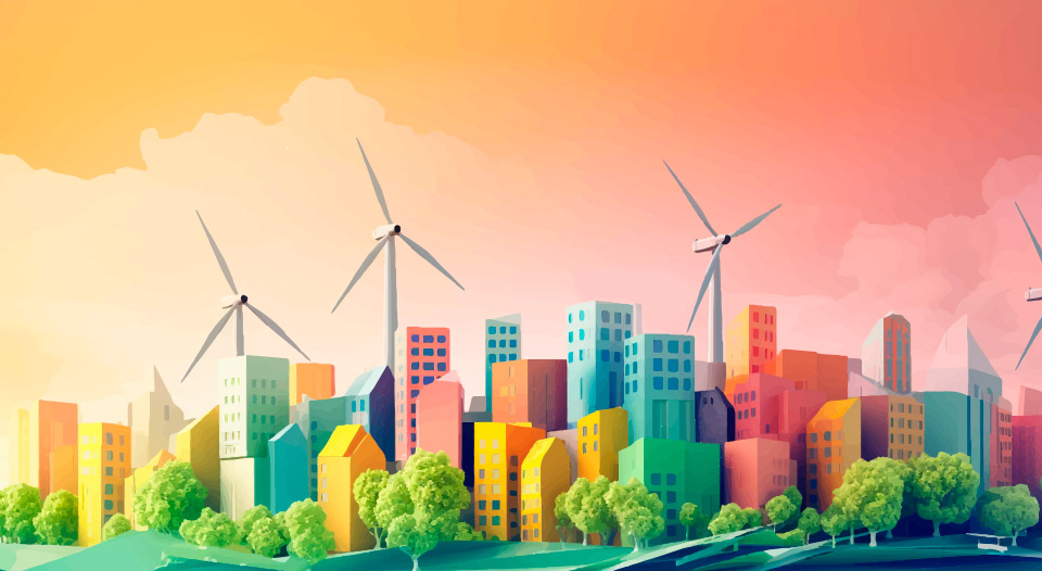 eco-friendly city illustration. April: Where Earthy Meets Quirky