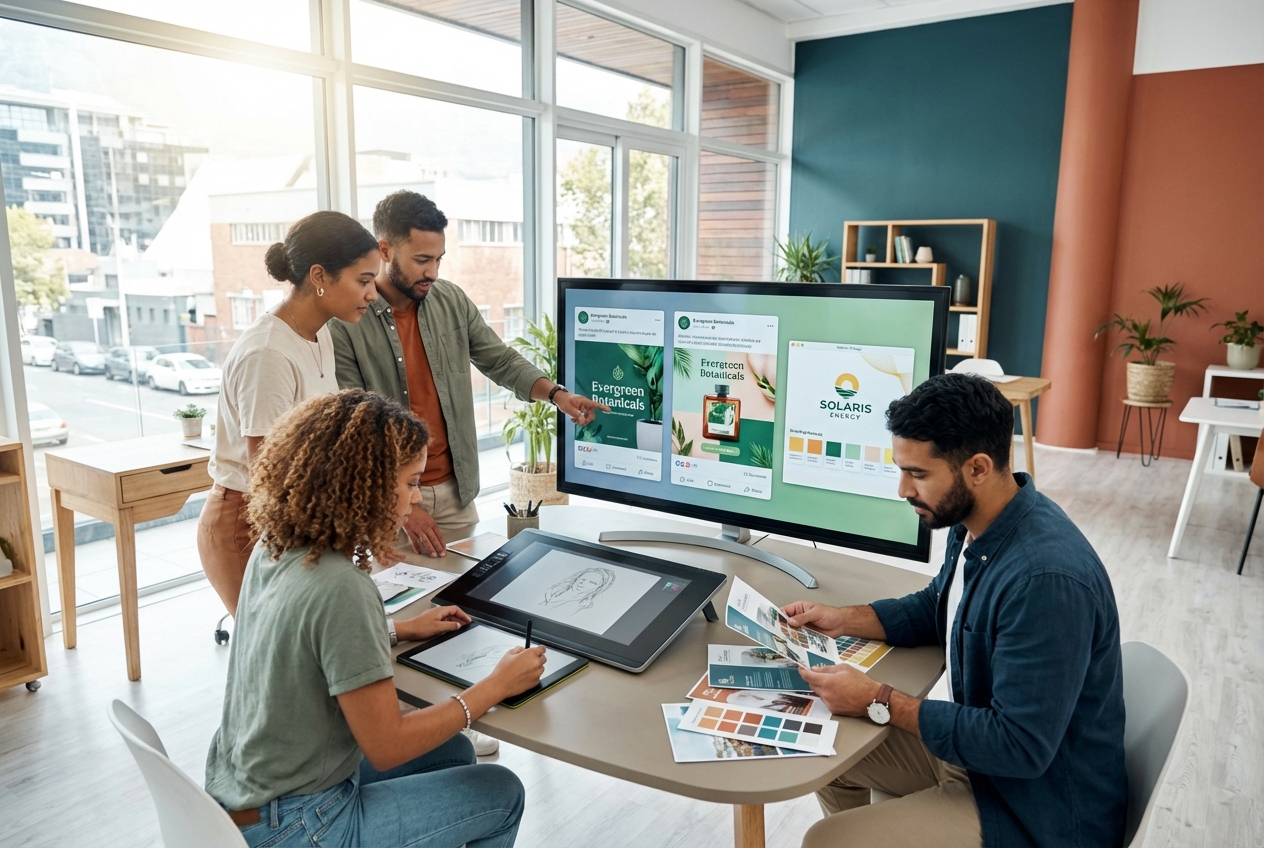 Creative production team collaborating in a modern workspace