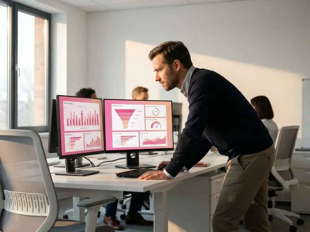 Marketing analyst reviewing attribution dashboards and performance data